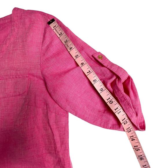 Ellen Tracy Pink Linen Cotton Top S Gold Zip Tassel 3/4 Sleeve Pockets Slit Back - Picture 14 of 16
